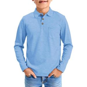 Haloumoning Boys Long Sleeve Polo Shirts Kids Casual Button School Uniform Shirts with Chest Pocket 5-14 Years(Sky Blue)