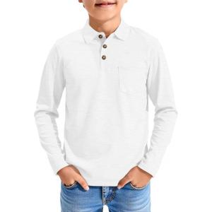 Haloumoning Boys Long Sleeve Polo Shirts Kids Casual Button School Uniform Shirts with Chest Pocket 5-14 Years(White)