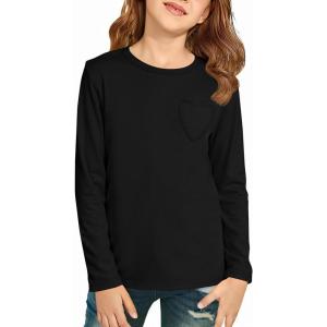 Haloumoning Girls Long Sleeve Heart Pocket T-Shirts Kids Cute Fall Tops Crewneck Basic Tees 5-14 Years(Black)