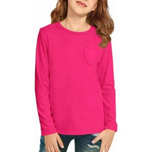 Haloumoning Girls Long Sleeve Heart Pocket T-Shirts Kids Cute Fall Tops Crewneck Basic Tees 5-14 Years(Hot Pink)
