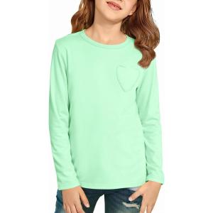 Haloumoning Girls Long Sleeve Heart Pocket T-Shirts Kids Cute Fall Tops Crewneck Basic Tees 5-14 Years(Mint Green)