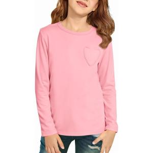 Haloumoning Girls Long Sleeve Heart Pocket T-Shirts Kids Cute Fall Tops Crewneck Basic Tees 5-14 Years(Pink)