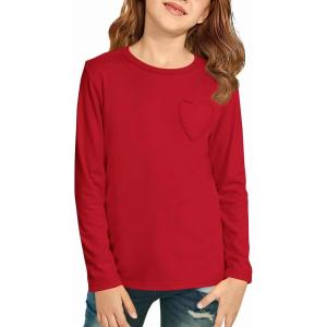 Haloumoning Girls Long Sleeve Heart Pocket T-Shirts Kids Cute Fall Tops Crewneck Basic Tees 5-14 Years(Red)