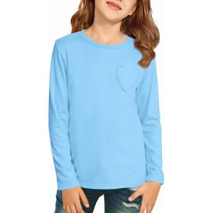 Haloumoning Girls Long Sleeve Heart Pocket T-Shirts Kids Cute Fall Tops Crewneck Basic Tees 5-14 Years(Sky Blue)
