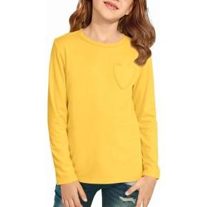 Haloumoning Girls Long Sleeve Heart Pocket T-Shirts Kids Cute Fall Tops Crewneck Basic Tees 5-14 Years(Yellow)