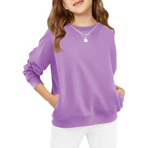 Haloumoning Girls Long Sleeve Sweatshirts Kids Casual Crewneck Loose Fit Pullover with Pockets 5-14 Years(Purple)