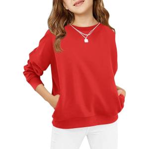 Haloumoning Girls Long Sleeve Sweatshirts Kids Casual Crewneck Loose Fit Pullover with Pockets 5-14 Years(Red)