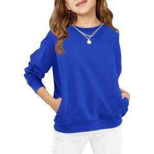 Haloumoning Girls Long Sleeve Sweatshirts Kids Casual Crewneck Loose Fit Pullover with Pockets 5-14 Years(Royal Blue)