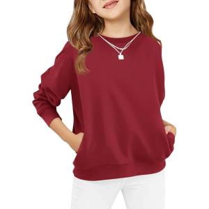 Haloumoning Girls Long Sleeve Sweatshirts Kids Casual Crewneck Loose Fit Pullover with Pockets 5-14 Years(Wine Red)