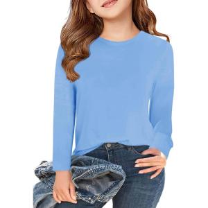 Haloumoning Girls Long Sleeve T Shirts Kids Fall Tops Crewneck Basic Tees 5-14Y(Blue)
