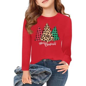Haloumoning Girls Long Sleeve T Shirts Kids Fall Tops Crewneck Basic Tees 5-14Y(Christmas Red)