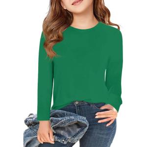 Haloumoning Girls Long Sleeve T Shirts Kids Fall Tops Crewneck Basic Tees 5-14Y(Dark Green)
