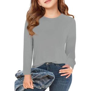 Haloumoning Girls Long Sleeve T Shirts Kids Fall Tops Crewneck Basic Tees 5-14Y(Grey)