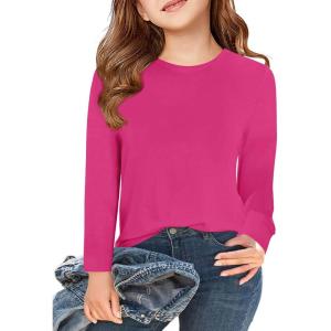 Haloumoning Girls Long Sleeve T Shirts Kids Fall Tops Crewneck Basic Tees 5-14Y(Hot Pink)