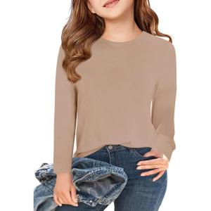 Haloumoning Girls Long Sleeve T Shirts Kids Fall Tops Crewneck Basic Tees 5-14Y(Khaki)