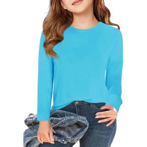 Haloumoning Girls Long Sleeve T Shirts Kids Fall Tops Crewneck Basic Tees 5-14Y(Lake Blue)