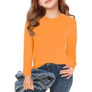 Haloumoning Girls Long Sleeve T Shirts Kids Fall Tops Crewneck Basic Tees 5-14Y(Orange)