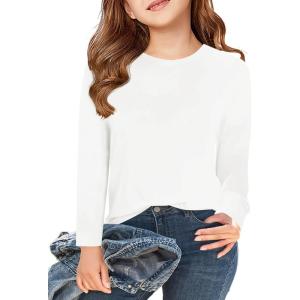 Haloumoning Girls Long Sleeve T Shirts Kids Fall Tops Crewneck Basic Tees 5-14Y(White)