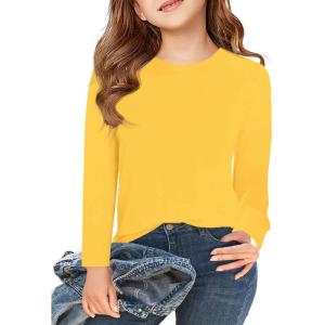 Haloumoning Girls Long Sleeve T Shirts Kids Fall Tops Crewneck Basic Tees 5-14Y(Yellow)