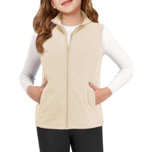 Haloumoning Girls Polar Fleece Zipper Vest Kids Sleeveless Stand Collar Jacket with Pockets 5-14 Years(Beige)