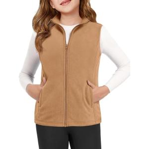 Haloumoning Girls Polar Fleece Zipper Vest Kids Sleeveless Stand Collar Jacket with Pockets 5-14 Years(Brown)