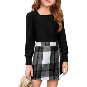 Haloumoning Girls Skirt Sets Fall Outfits Jacquard Long Sleeve Tops Plaid Skirts Shorts 2 Piece Clothing Sets 4-12Y(Black + Black Plaid)
