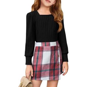 Haloumoning Girls Skirt Sets Fall Outfits Jacquard Long Sleeve Tops Plaid Skirts Shorts 2 Piece Clothing Sets 4-12Y(Black + Red Plaid)