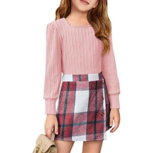 Haloumoning Girls Skirt Sets Fall Outfits Jacquard Long Sleeve Tops Plaid Skirts Shorts 2 Piece Clothing Sets 4-12Y(Pink + Red Plaid)