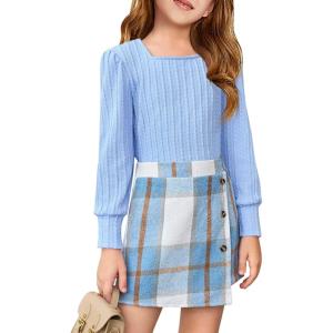 Haloumoning Girls Skirt Sets Fall Outfits Jacquard Long Sleeve Tops Plaid Skirts Shorts 2 Piece Clothing Sets 4-12Y(Sky Blue + Blue Plaid)
