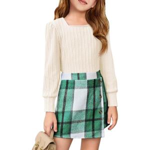 Haloumoning Girls Skirt Sets Fall Outfits Jacquard Long Sleeve Tops Plaid Skirts Shorts 2 Piece Clothing Sets 4-12Y(White + Green Plaid)