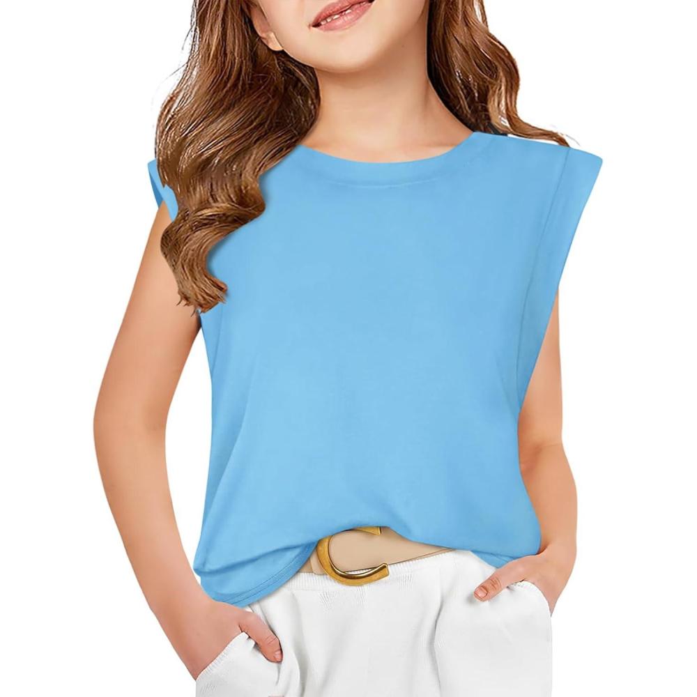 image:imageHaloumoning Girls Cap Sleeve Tops Summer Crewneck Tank Tops Cute TShirt Blouse 514 YearsBlue