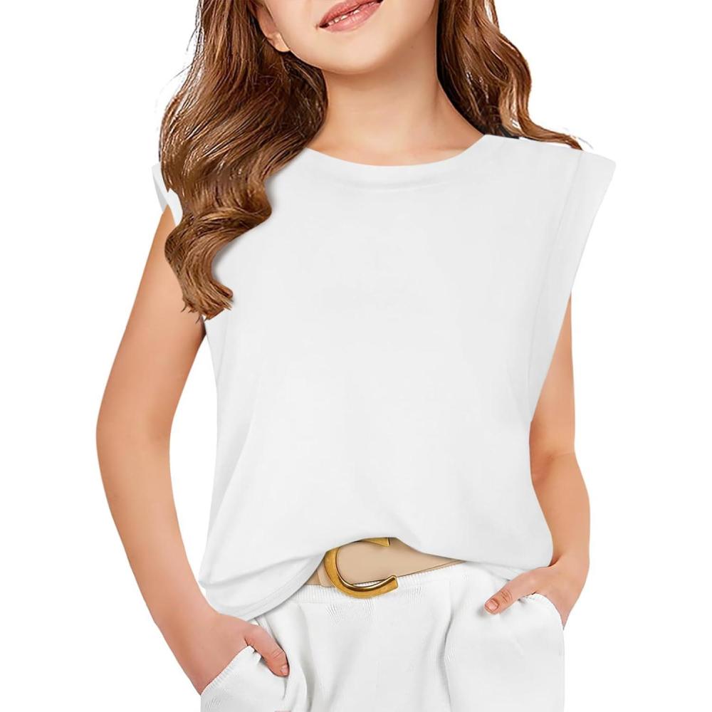 image:imageHaloumoning Girls Cap Sleeve Tops Summer Crewneck Tank Tops Cute TShirt Blouse 514 YearsWhite