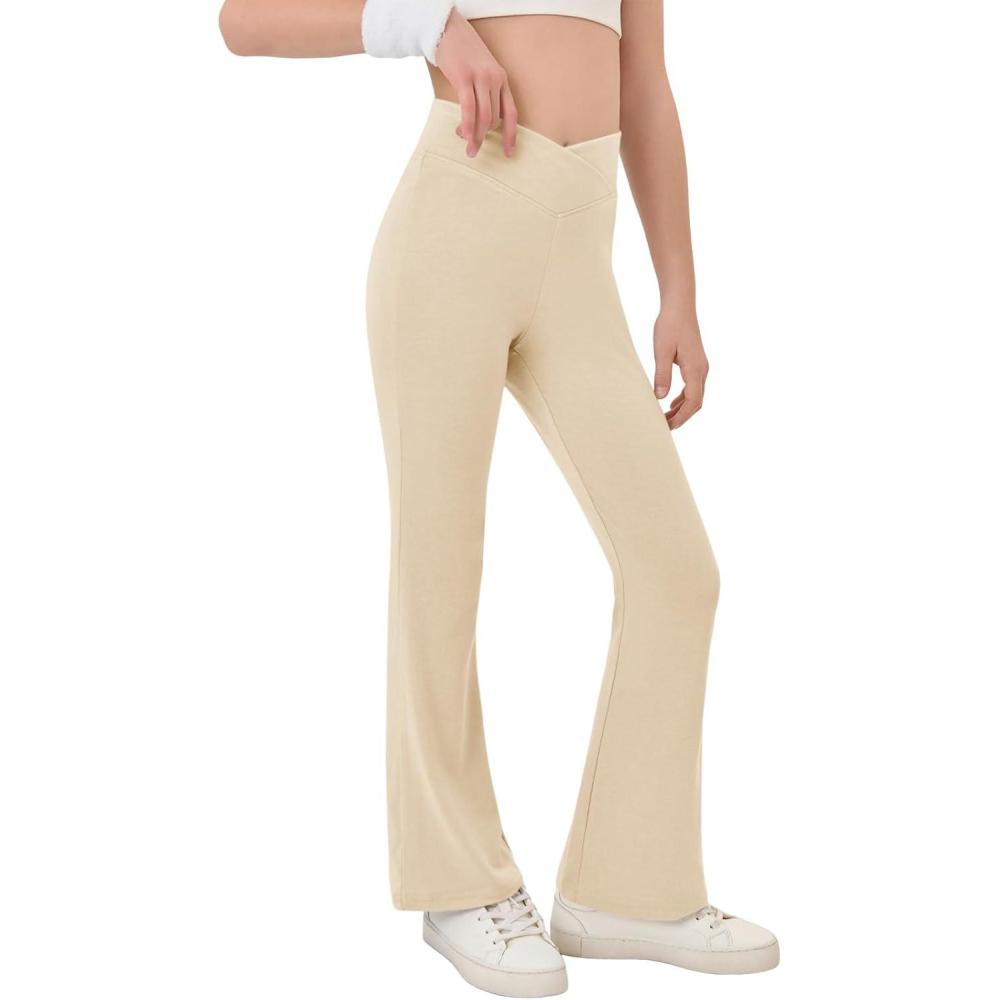 image:imageHaloumoning Girls Crossover High Waisted Flare Pants Kids Bootcut Leggings Full Length Bell Bottoms 514 YearsBeige
