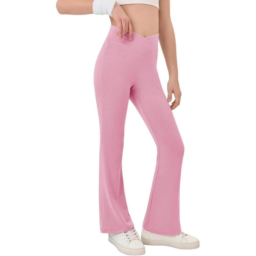 image:imageHaloumoning Girls Crossover High Waisted Flare Pants Kids Bootcut Leggings Full Length Bell Bottoms 514 YearsPink
