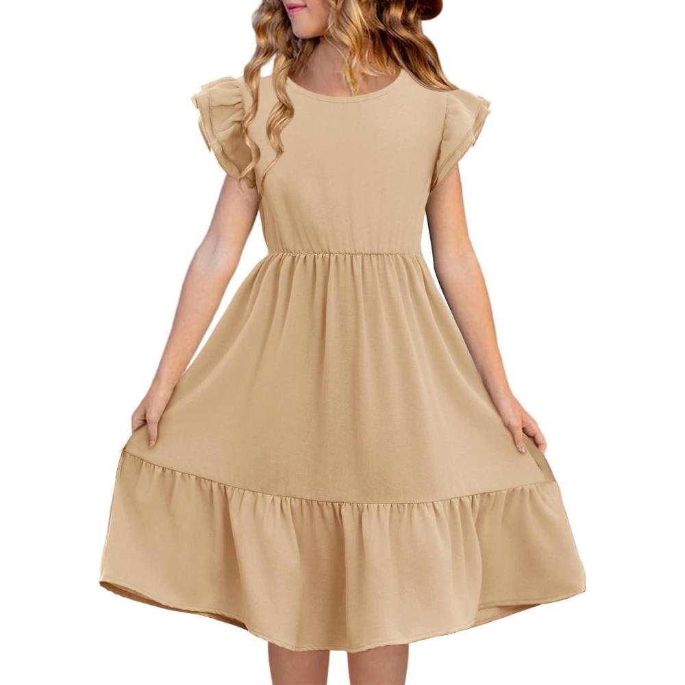 image:imageHaloumoning Girls Dresses Kids Summer Double Layer Ruffle Sleeve Dress 514 YearsBeige