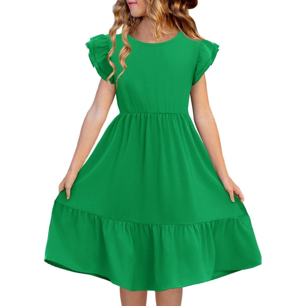 image:imageHaloumoning Girls Dresses Kids Summer Double Layer Ruffle Sleeve Dress 514 YearsGreen