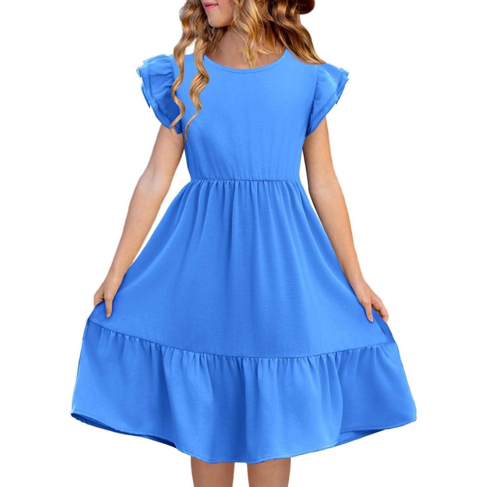 image:imageHaloumoning Girls Dresses Kids Summer Double Layer Ruffle Sleeve Dress 514 YearsLake Blue