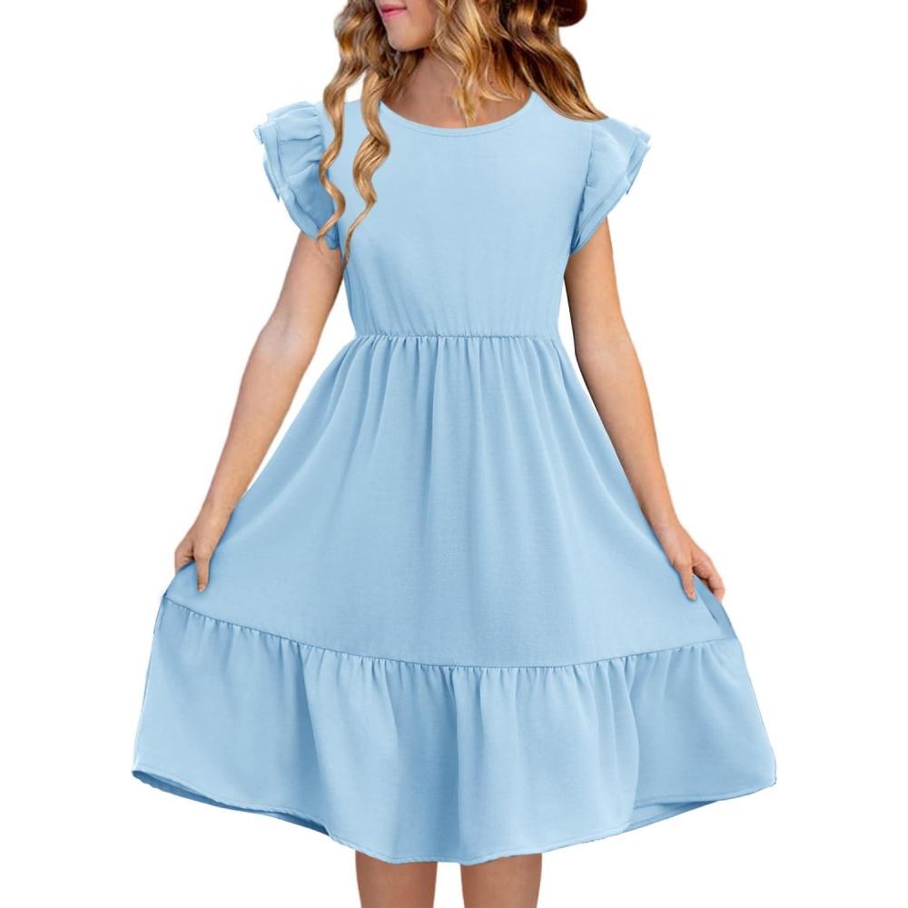image:imageHaloumoning Girls Dresses Kids Summer Double Layer Ruffle Sleeve Dress 514 YearsLight Blue
