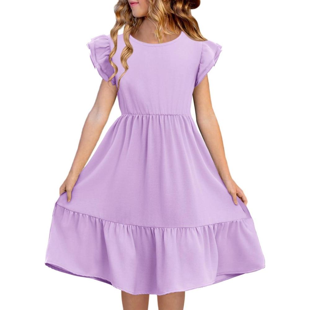 image:imageHaloumoning Girls Dresses Kids Summer Double Layer Ruffle Sleeve Dress 514 YearsPurple