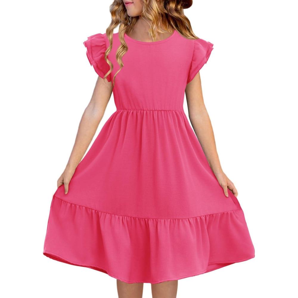 image:imageHaloumoning Girls Dresses Kids Summer Double Layer Ruffle Sleeve Dress 514 YearsRose Red
