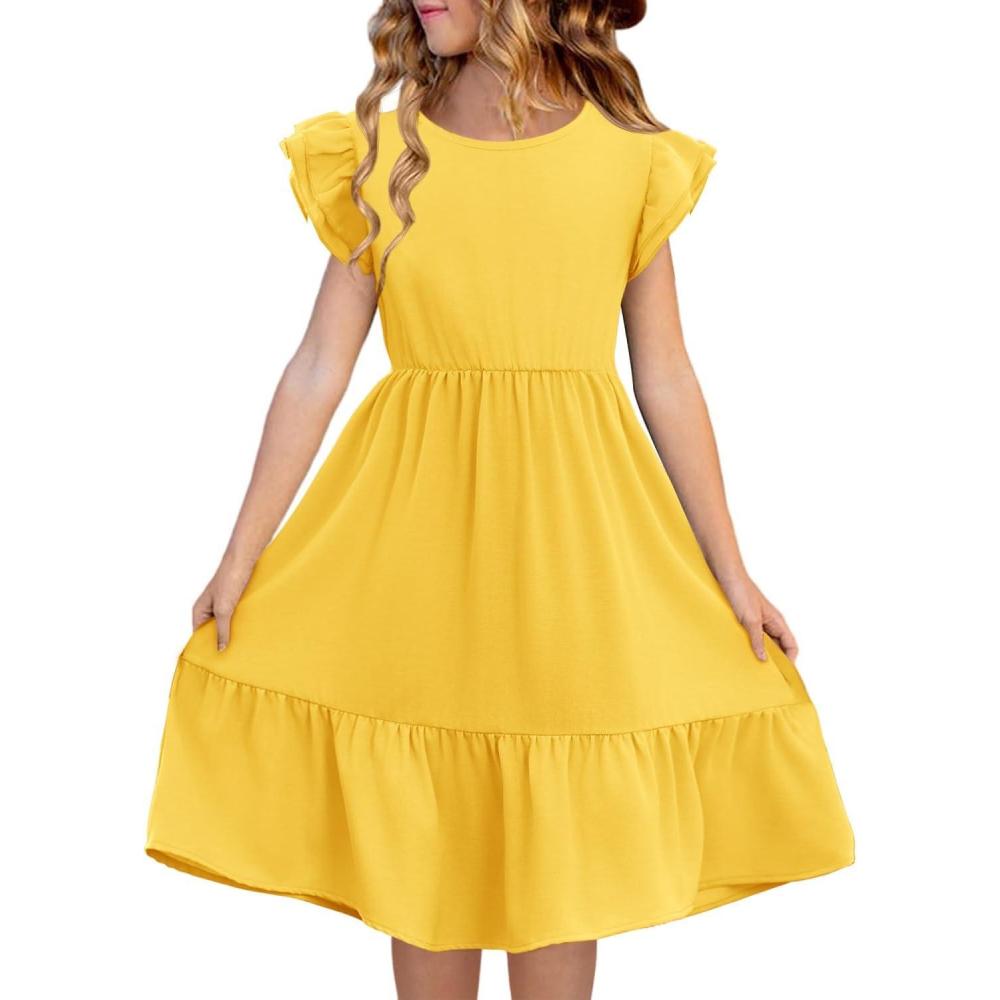 image:imageHaloumoning Girls Dresses Kids Summer Double Layer Ruffle Sleeve Dress 514 YearsYellow
