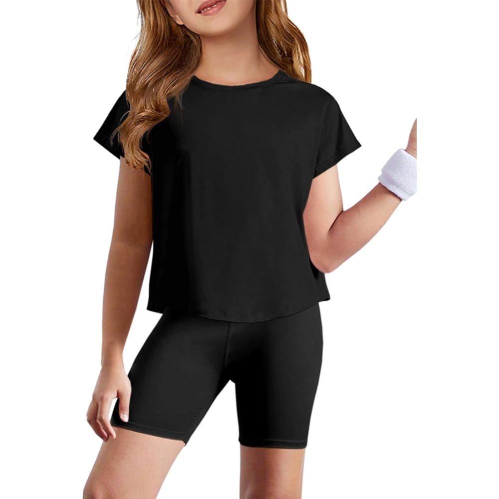 image:imageHaloumoning Girls Loose Athletic Shirts Short Sleeve Crop Tops Kids Quick Dry Gym Yoga Tees 514 YearsBlack