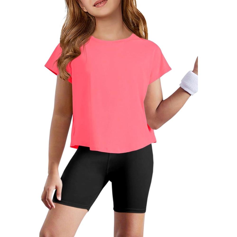 image:imageHaloumoning Girls Loose Athletic Shirts Short Sleeve Crop Tops Kids Quick Dry Gym Yoga Tees 514 YearsBright Pink