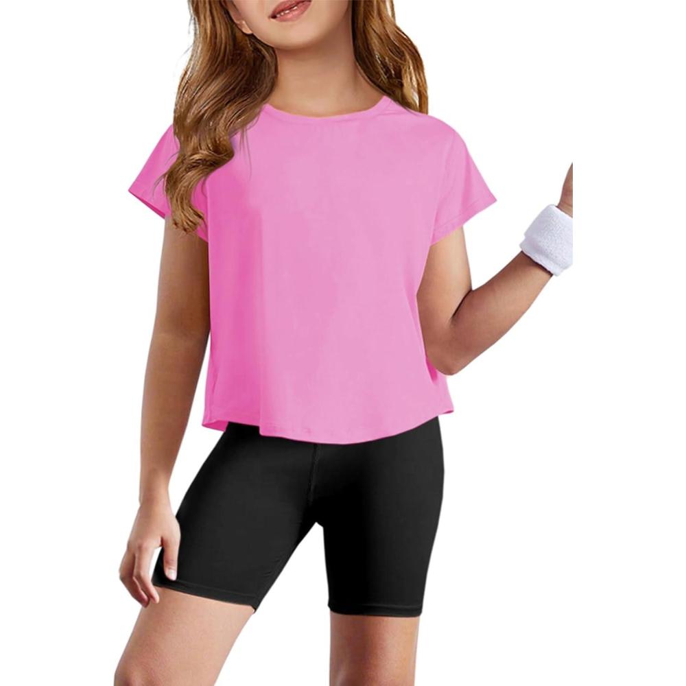 image:imageHaloumoning Girls Loose Athletic Shirts Short Sleeve Crop Tops Kids Quick Dry Gym Yoga Tees 514 YearsPink