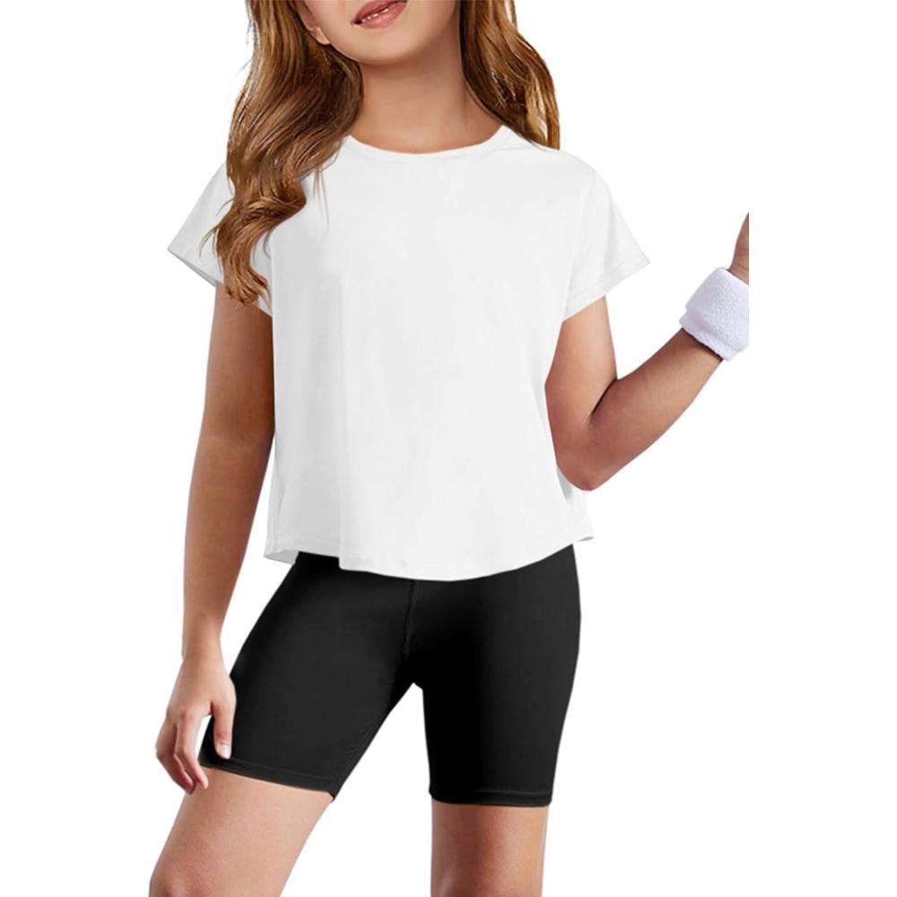 image:imageHaloumoning Girls Loose Athletic Shirts Short Sleeve Crop Tops Kids Quick Dry Gym Yoga Tees 514 YearsWhite