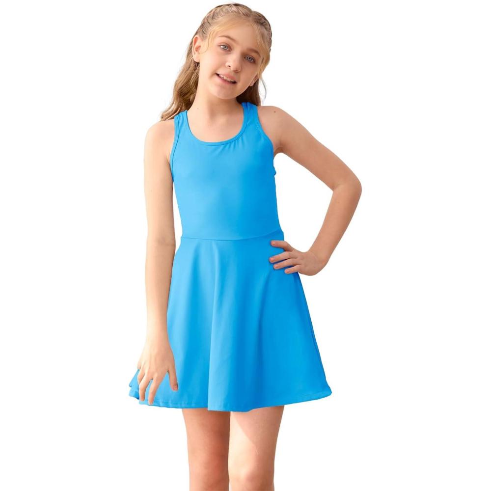 image:imageHaloumoning Girls Sleeveless Tennis Dress Kids Racerback Golf Dress School Sports Dresses Outfit with Shorts PocketsLake Blue
