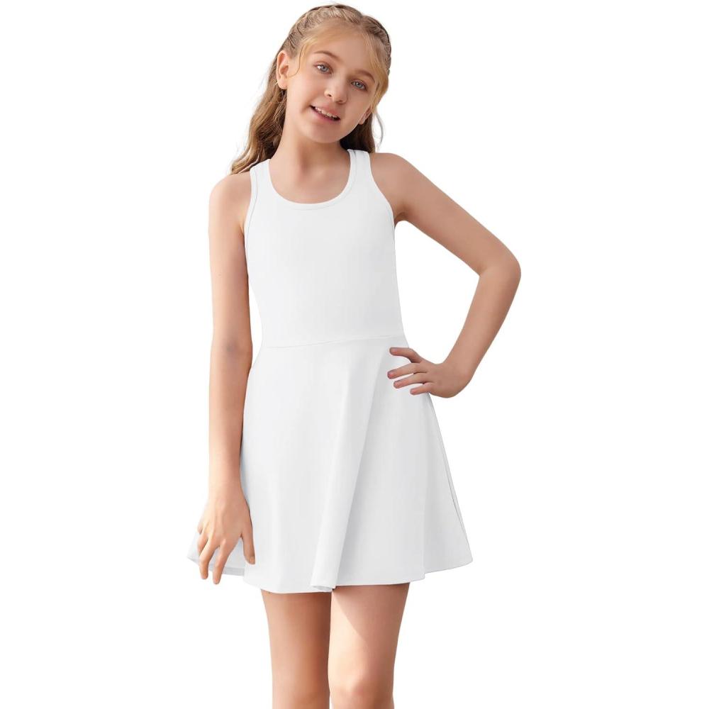 image:imageHaloumoning Girls Sleeveless Tennis Dress Kids Racerback Golf Dress School Sports Dresses Outfit with Shorts PocketsWhite