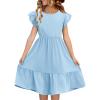 Haloumoning Girls Dresses Kids Summer Double Layer Ruffle Sleeve Dress 5-14 Years(Light Blue)