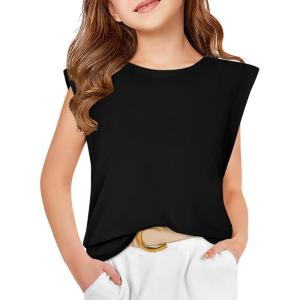 Haloumoning Girls Cap Sleeve Tops Summer Crewneck Tank Tops Cute T-Shirt Blouse 5-14 Years(Black)