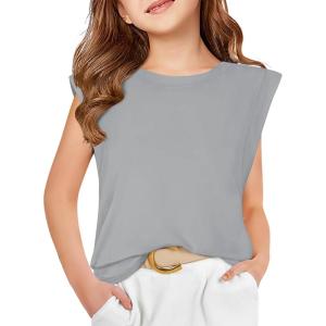 Haloumoning Girls Cap Sleeve Tops Summer Crewneck Tank Tops Cute T-Shirt Blouse 5-14 Years(Gray)